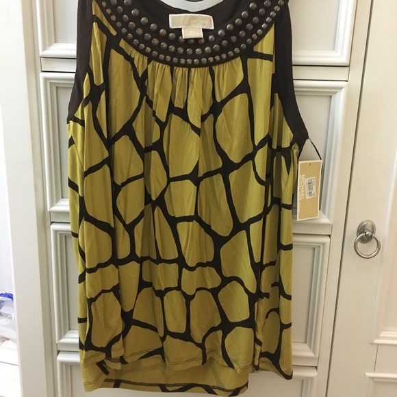 Michael Kors- NWT Woman's Sleeveless-Top- Scoop Beaded Neck,Brown & Chartreuse - Picture 8 of 9